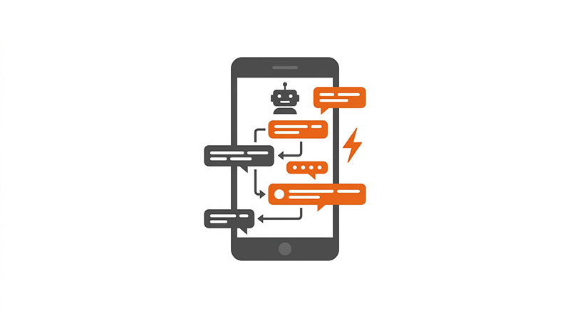 Ilustração de agentes de IA em Joinville mostrando smartphone com chatbot e fluxo de conversas automatizadas com mensagens em balões e ícone de robô