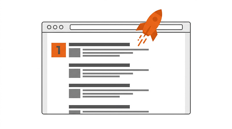 Ilustração de aluguel de site posicionado com SEO Local em Joinville mostrando navegador com a primeira posição do Google em destaque e foguete de crescimento