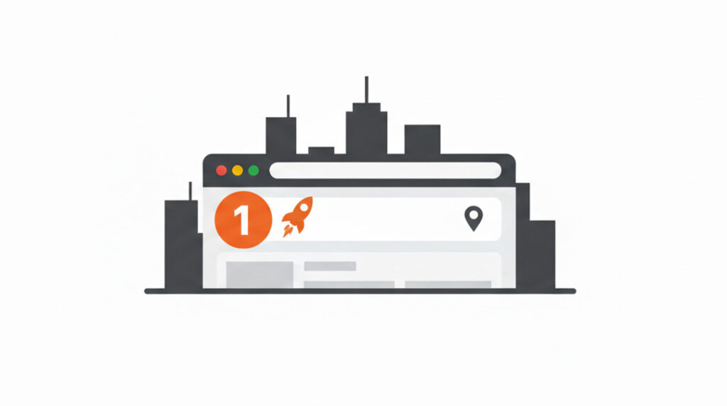 Ilustração de página do Google com posição número 1 destacada e ícone de foguete, representando crescimento no SEO local em Joinville