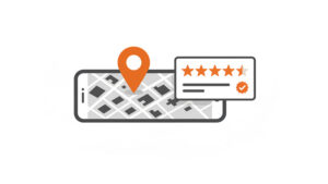 Ilustração de mapa em smartphone com pin de localização e avaliação por estrelas, representando otimização do Google Meu Negócio e reputação local