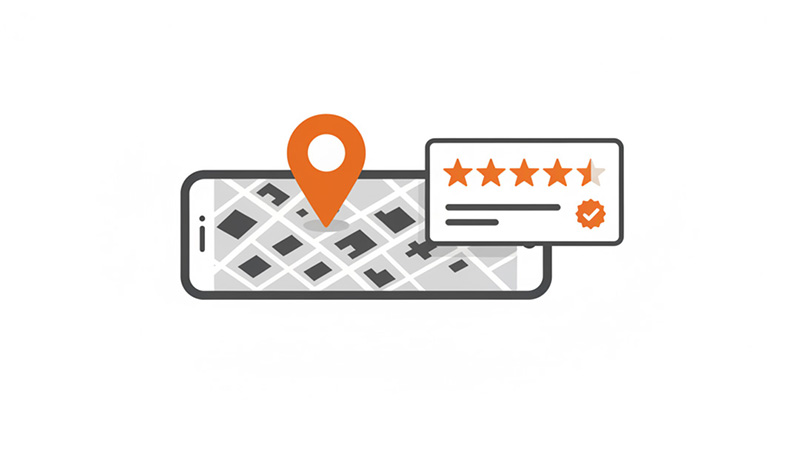 Ilustração de mapa em smartphone com pin de localização e avaliação por estrelas, representando otimização do Google Meu Negócio e reputação local