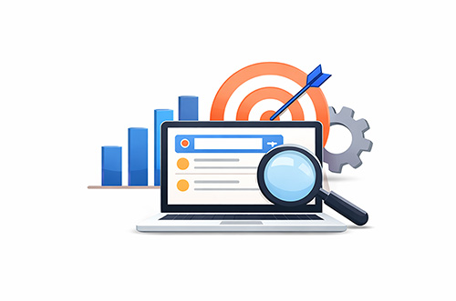 Ilustração de laptop com lupa, gráfico de crescimento e alvo, representando análise e estratégia de consultoria SEO