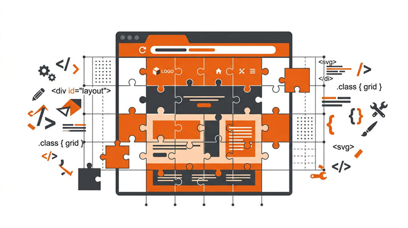 Ilustração de criação de sites em Joinville mostrando navegador com layout sendo montado em peças de quebra-cabeça e elementos de código em volta