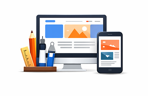 Ilustração de computador e smartphone exibindo layout de site, representando criação de sites responsivos e design web