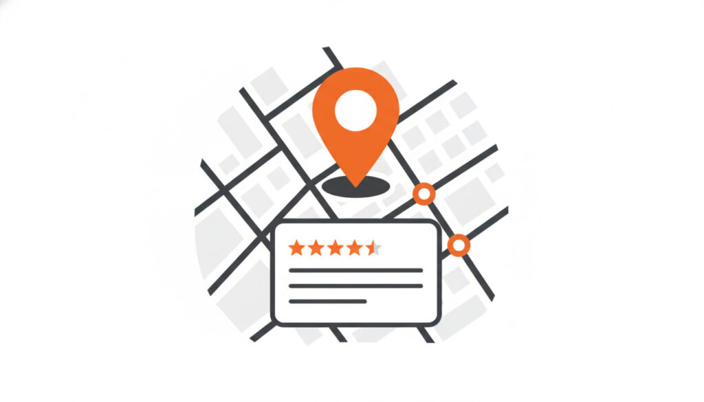 Ilustração de mapa com marcador de localização e avaliação por estrelas, representando perfil da empresa no Google otimizado