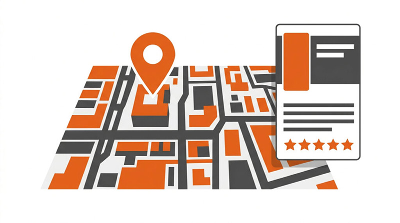 Ilustração de Google Meu Negócio em Joinville mostrando mapa da cidade com pin de localização e card de perfil da empresa com avaliação de cinco estrelas