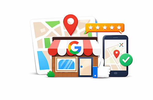 Ilustração de loja com ícone do Google, mapa, avaliações e check, representando perfil da empresa otimizado no Google