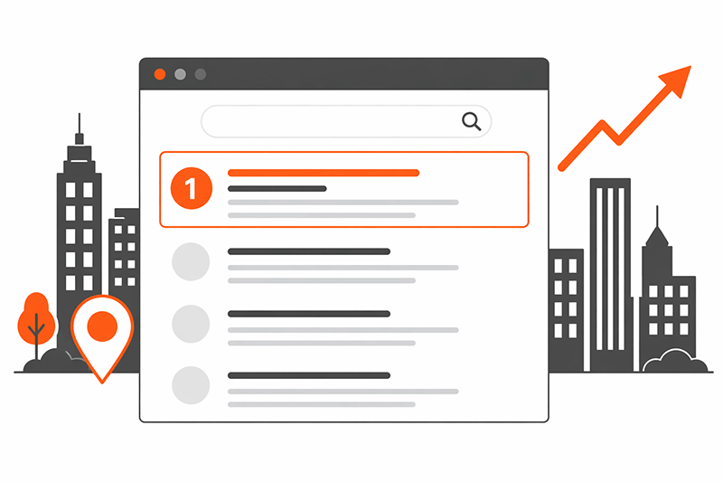 Ilustração de resultados de busca do Google com o primeiro lugar destacado e seta de crescimento, representando SEO local e aumento de posicionamento em Joinville