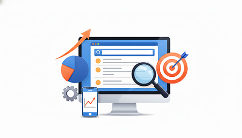 Ilustração de consultoria SEO Local em Joinville mostrando notebook, lupa, alvo e gráfico de crescimento