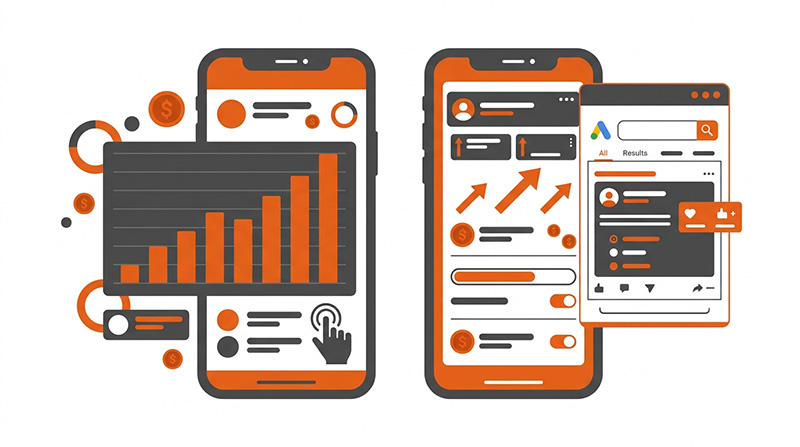 Ilustração de tráfego pago em Joinville mostrando smartphones com dashboards de Google Ads e Meta Ads, gráficos de crescimento e ícones de conversão